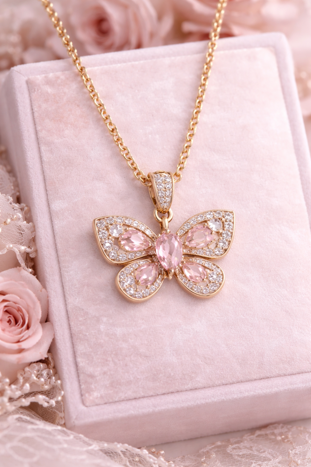 Golden Petals Crystal Butterfly Necklace